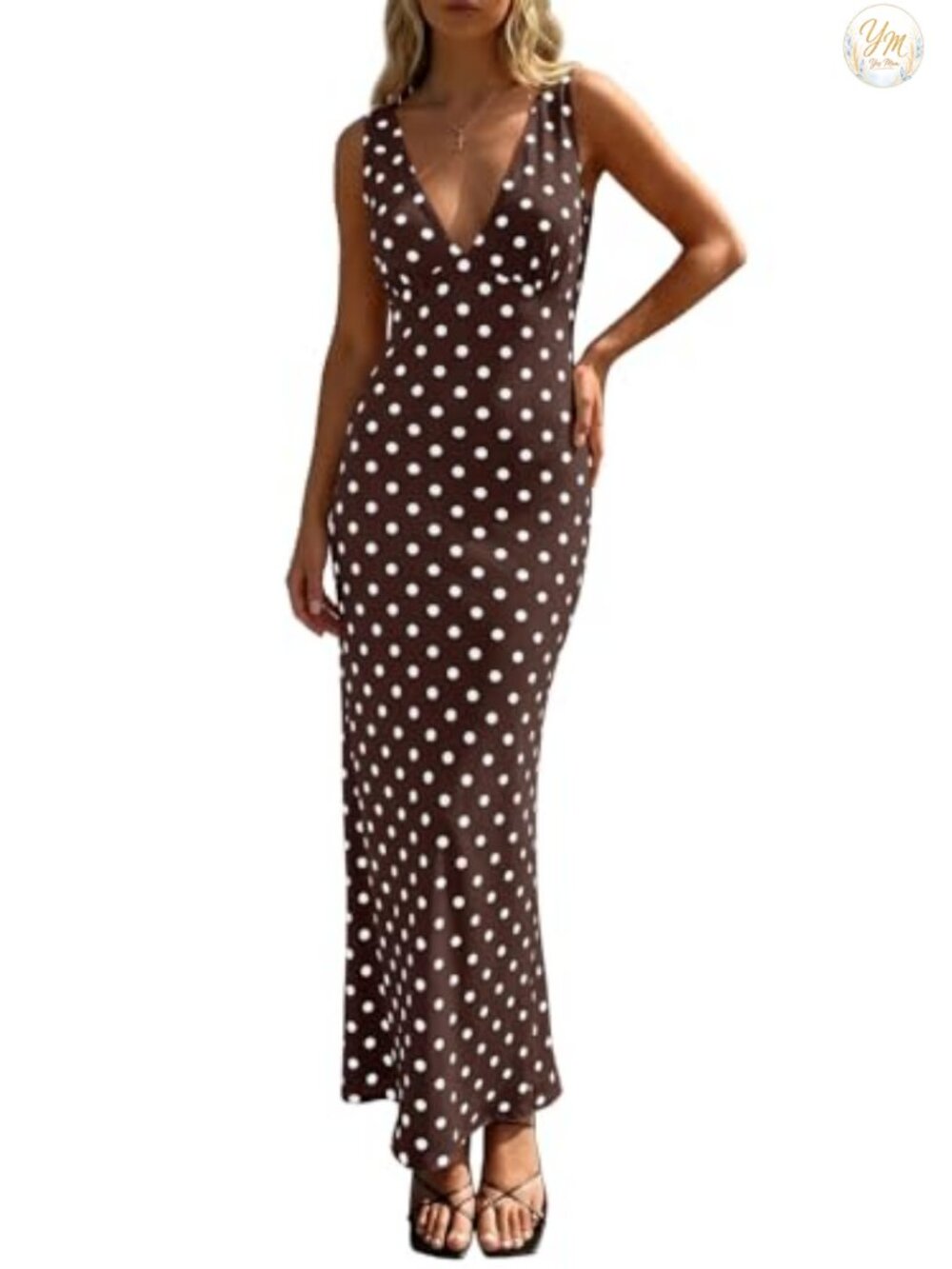 Womens Polka Dot Maxi Dress Mesh V Neck Sleeveless Bodycon Wedding Guest